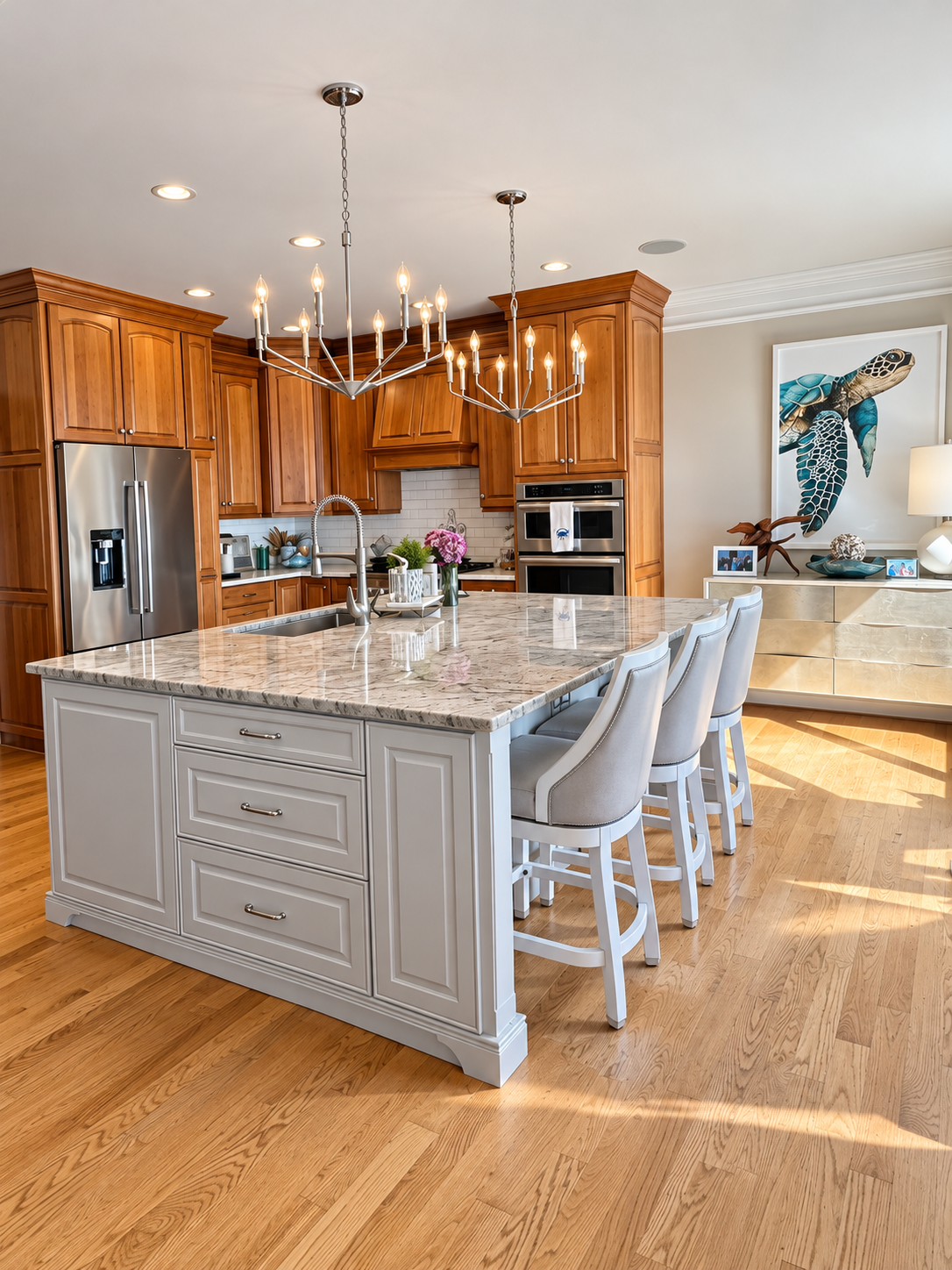 A kitchen with warm wood cabinets, a large grey panelled island with a veined stone counter top and three grey upholstered stools, twin silver chandeliers overhead, a framed sea-turtle painting on the far wall and a light wood plank floor